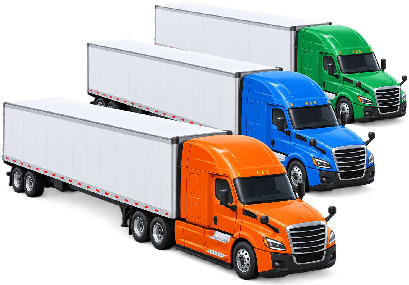 Three Cascadia trucks in orange, blue and green